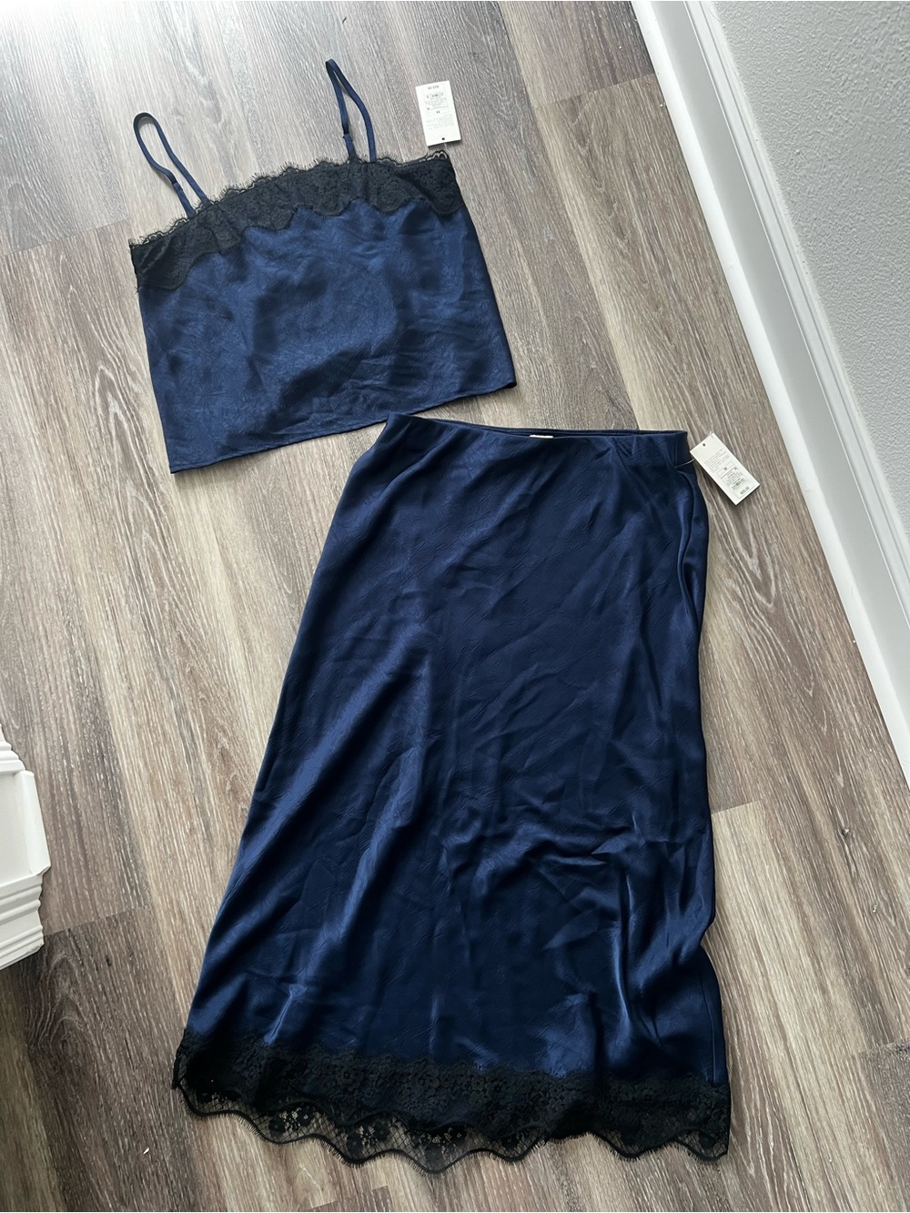 A New Day Navy Satin Lace-Trim Midi Skirt & Top Set